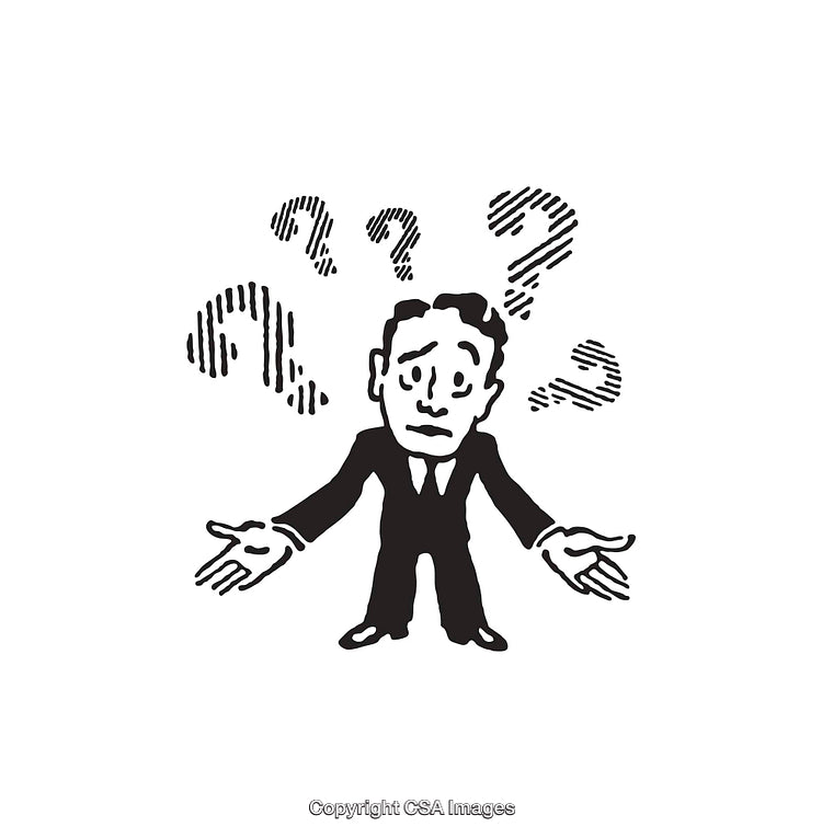 Confused Businessman Illustration with Question Marks in Black and White