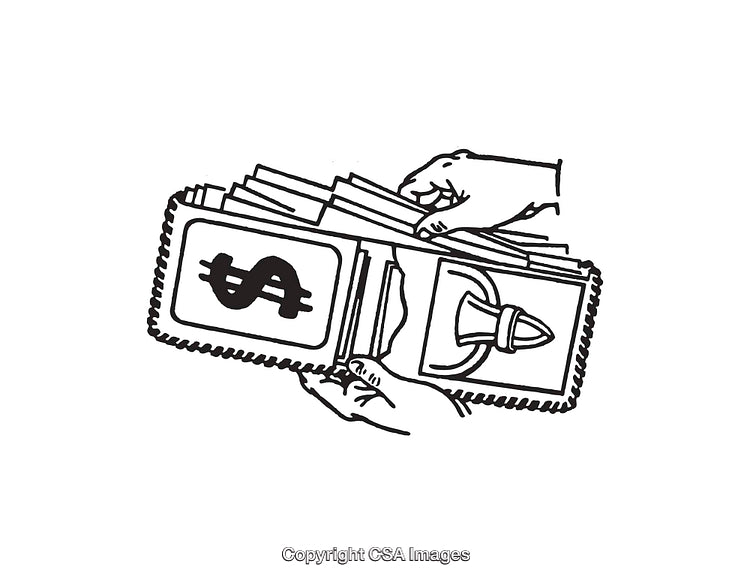 Black and White Line Art Illustration of a Wallet with Currency Symbols