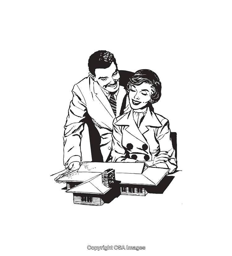 Retro Black and White Line Art Illustration of a Happy Couple with Plans