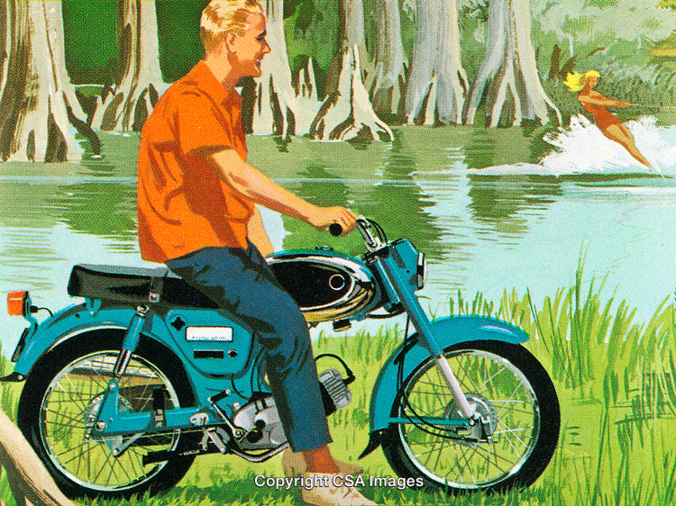 Vintage Illustration of Motorbike Ride by a Scenic Riverside Setting