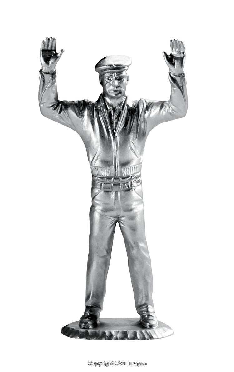 Silver-Colored Figurine of a Man with Hands Raised in a Casual Outfit