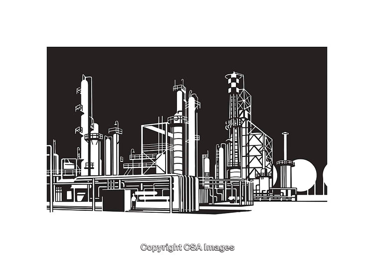 Black and White Industrial Facility Line Art Illustration with Detailed Structures