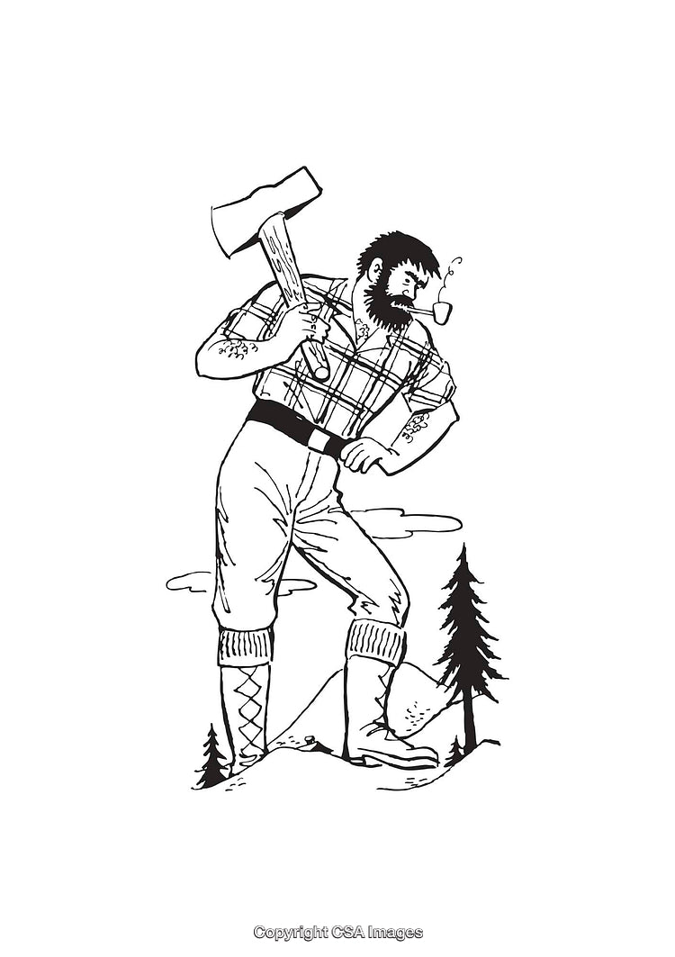 Black and White Line Art of Lumberjack with Axe Smoking Pipe