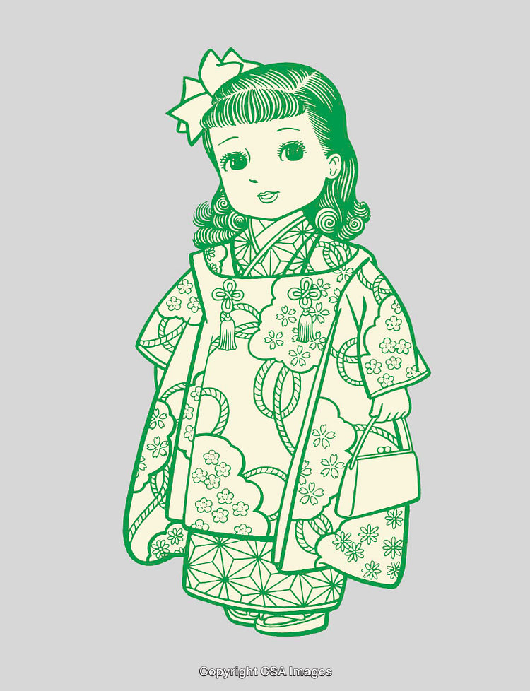 Traditional Japanese Girl Illustration in Kimono with Floral Designs