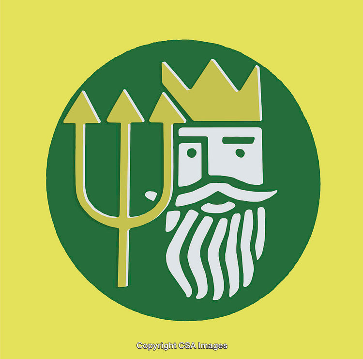 Colorful Poseidon Illustration Featuring Crown and Trident on a Vibrant Background