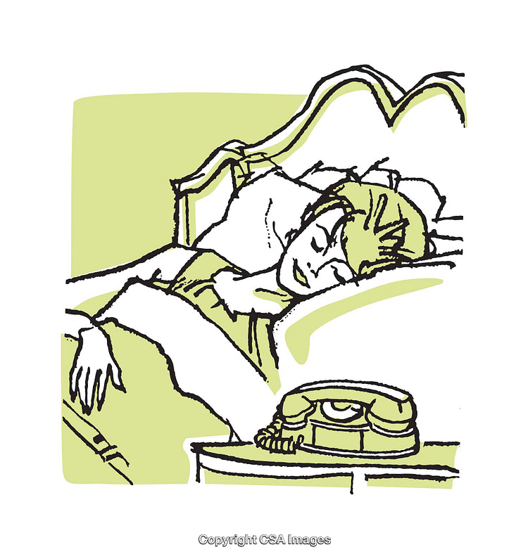 Illustration of Sleeping Woman Next To Vintage Rotary Telephone