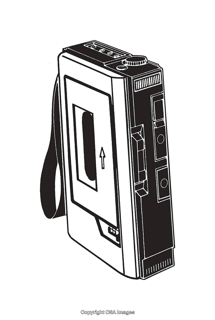 Retro Style Black and White Illustration of a Classic Cassette Player