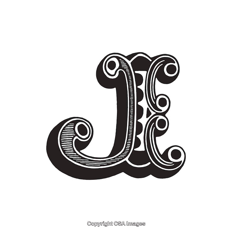 Decorative Black and White Ornamental Letter J in Vintage Style