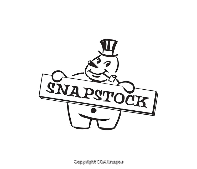 Vintage Black and White Line Art of a Character Holding a Sign