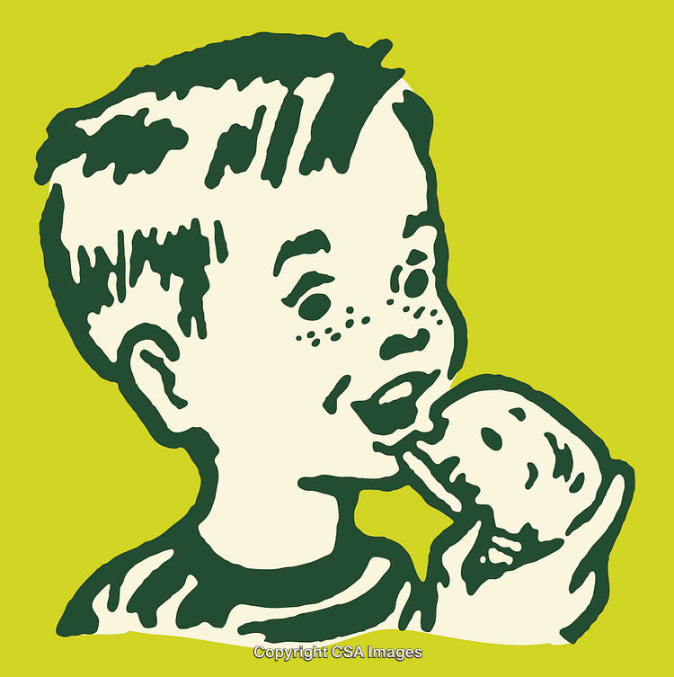 Retro Styled Illustration of a Child Eating A Sandwich on Green Background