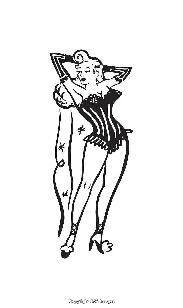 Vintage Pin-Up Style Black And White Line Art Illustration