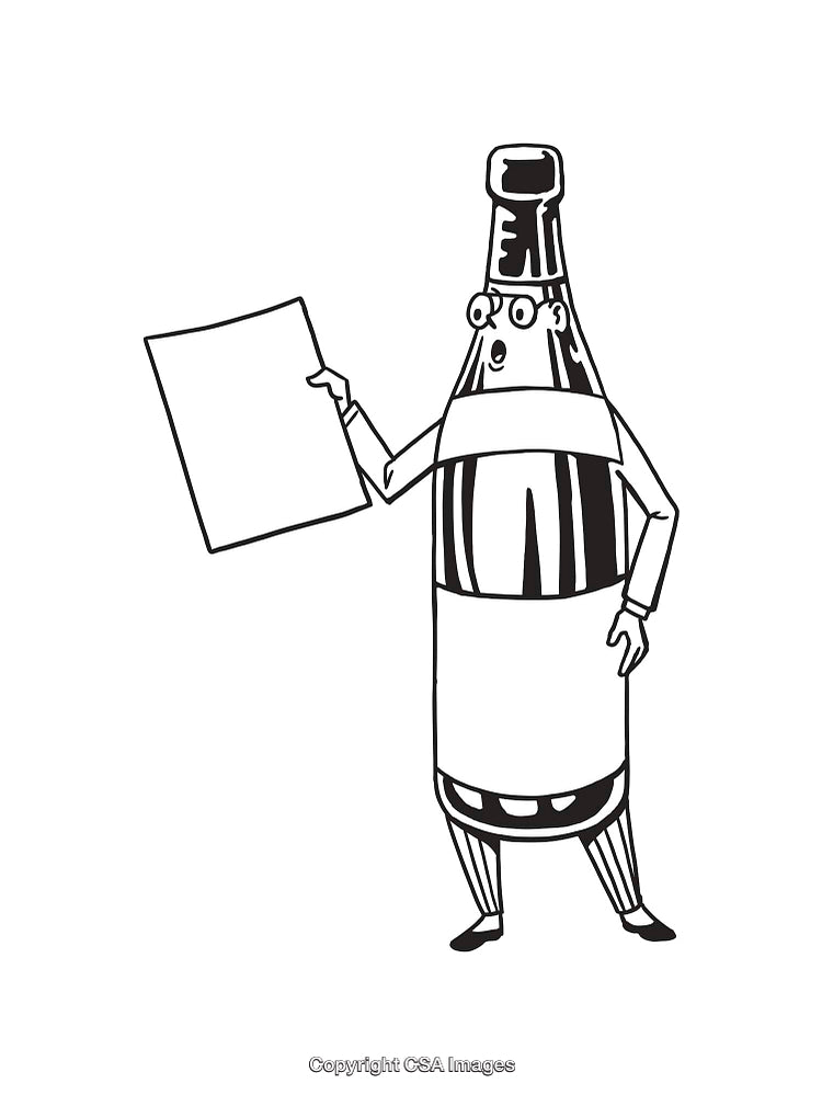 Black and White Illustration of a Comic Bottle Character With a Sign