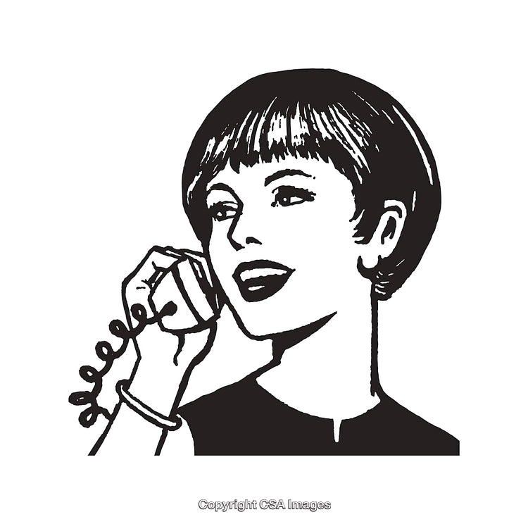 Retro Line Art Illustration of a Woman Talking on a Corded Telephone