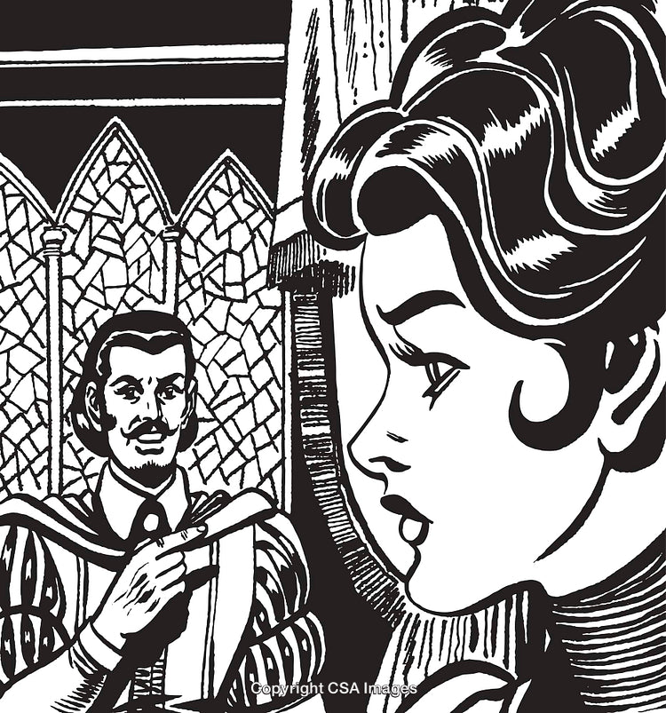 Black and White Medieval Illustration with Two Characters in a Gothic Setting