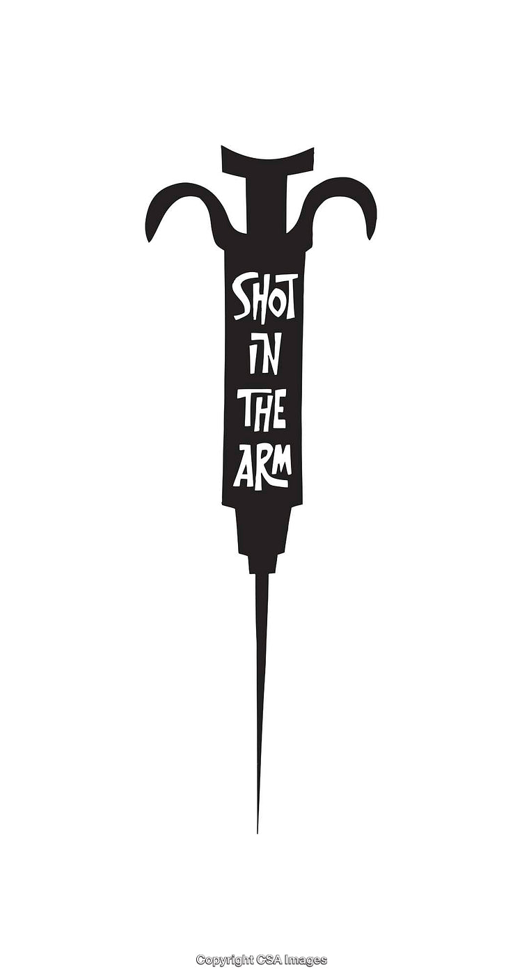 Black and White Line Art Illustration of a Stylized Syringe Design