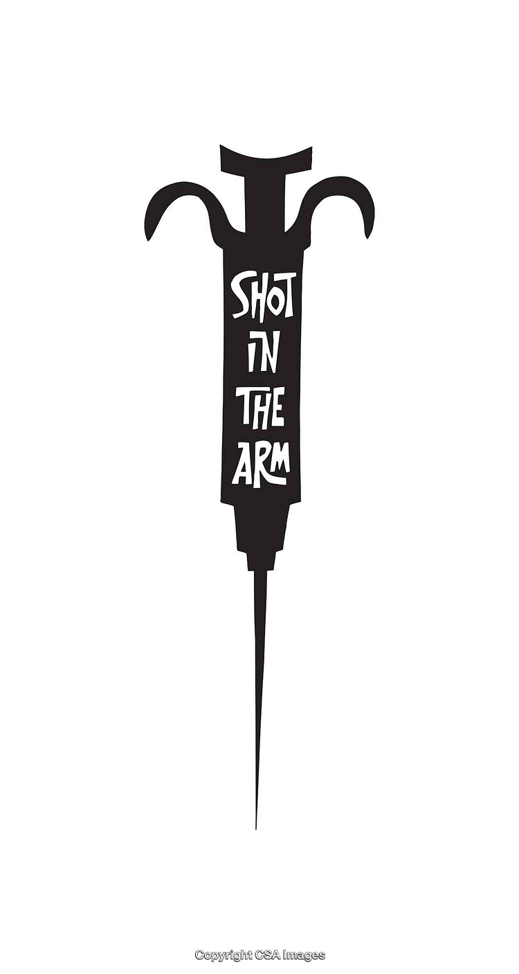 Black and White Line Art Illustration of a Stylized Syringe Design