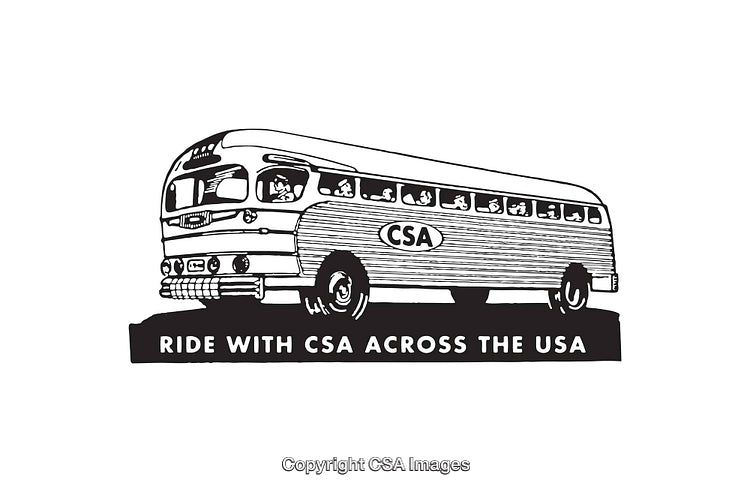 Retro Line Art Illustration of a Bus with a Travel Slogan