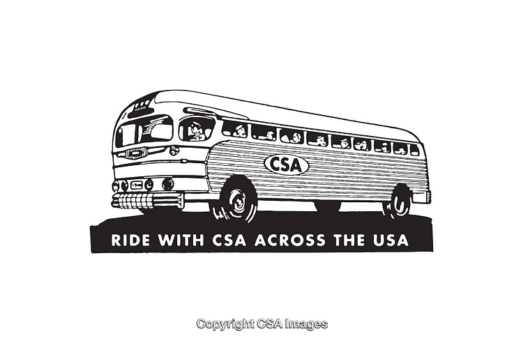 Retro Line Art Illustration of a Bus with a Travel Slogan