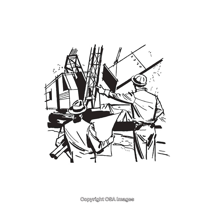 Engineers Discussing Architectural Plans at a Construction Site Illustration