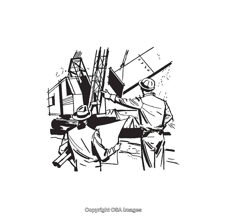 Engineers Discussing Architectural Plans at a Construction Site Illustration