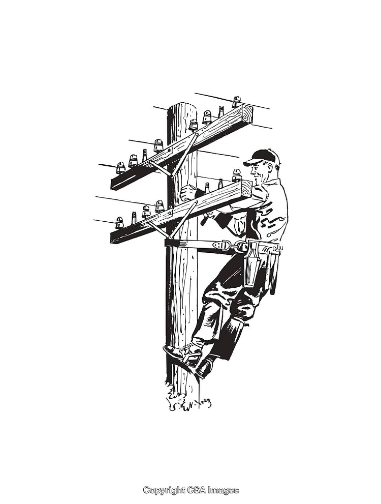 Black and White Line Drawing of Lineman Working on Utility Pole