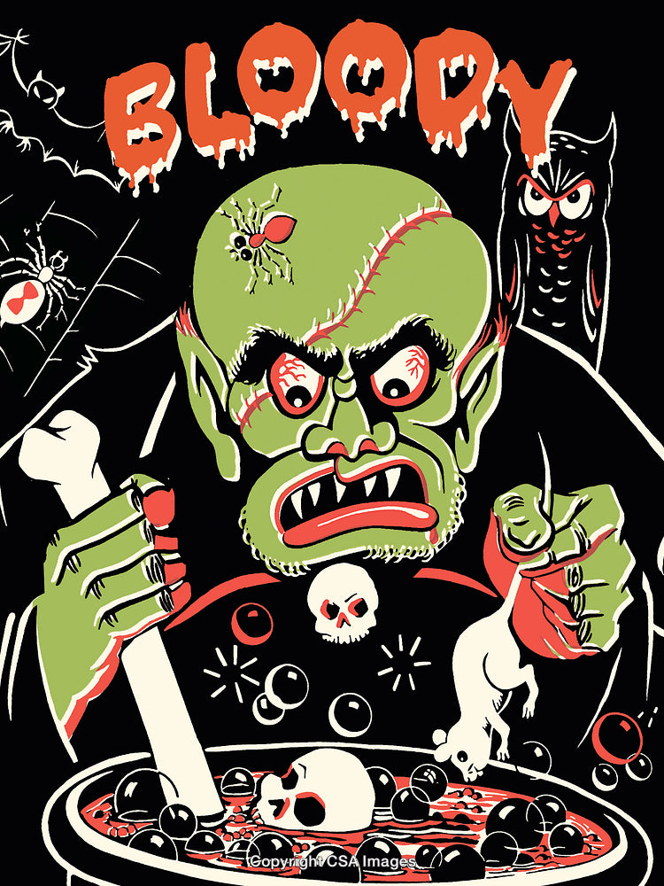 Horror Themed Illustration Featuring Monster and Cauldron with Skulls and Bubbles