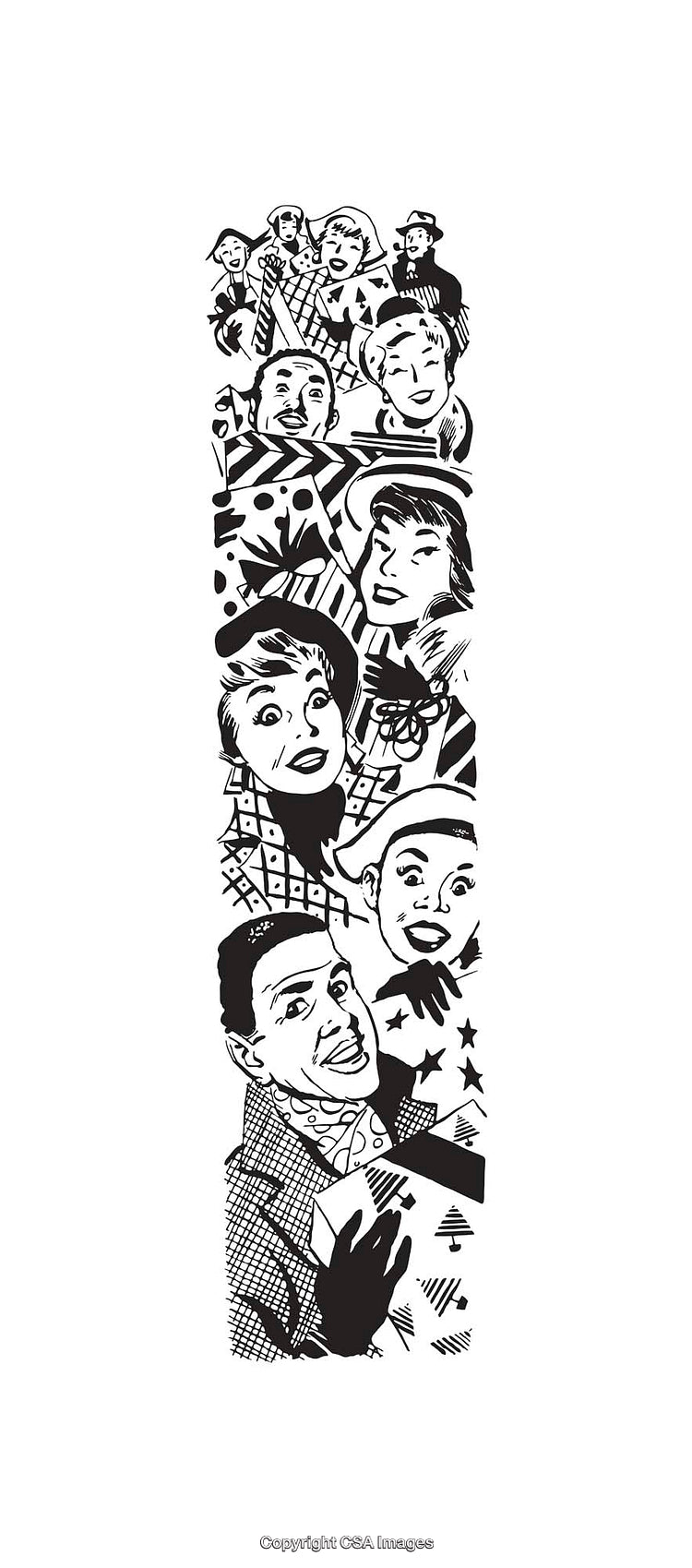 Vintage Black and White Collage of Expressive Human Figures in Line Art