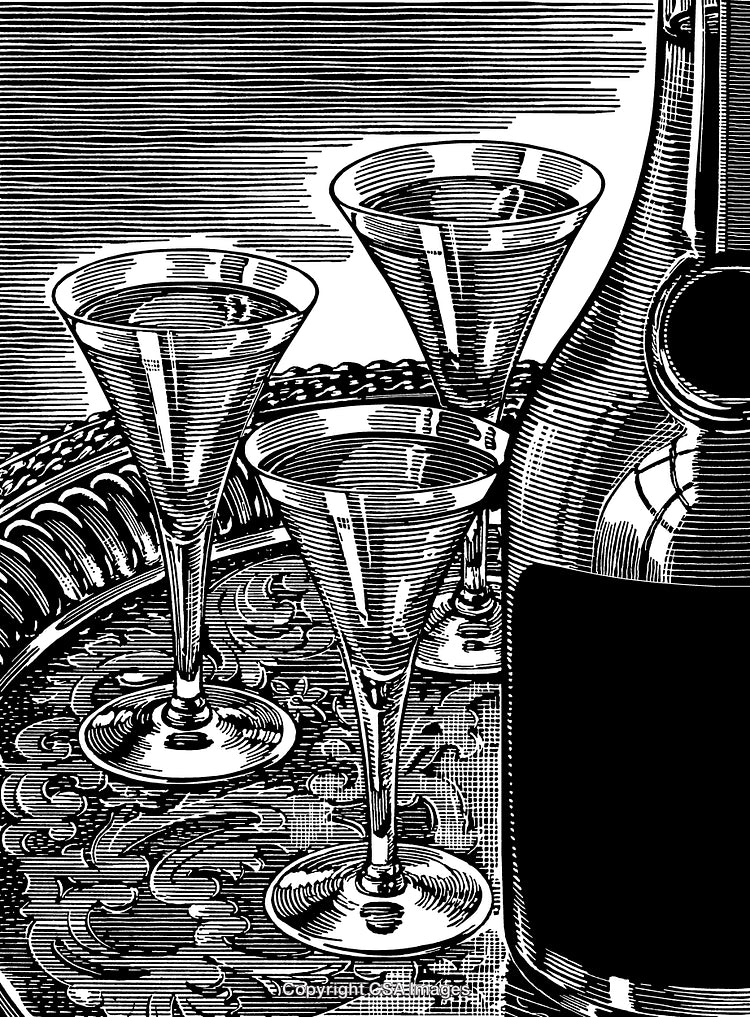Detailed Black and White Engraving of Wine Glasses and Bottle