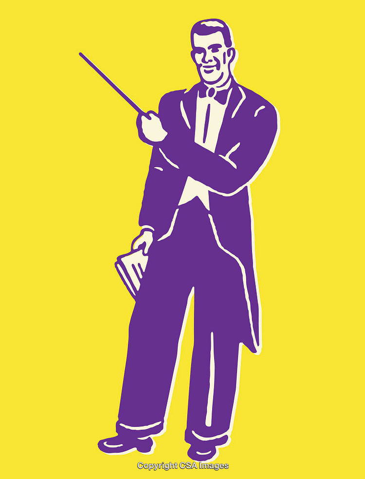 Purple Professor Figure Pointing on Bright Yellow Background Illustration