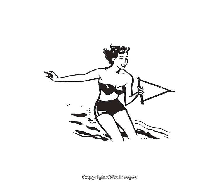 Vintage Style Line Art of Woman Engaged in Water Sports in Black and White