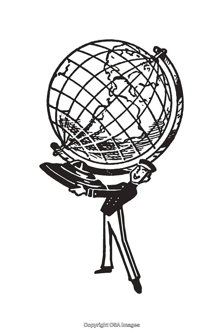Black and White Line Art of Man Holding a Globe Depicting Earth