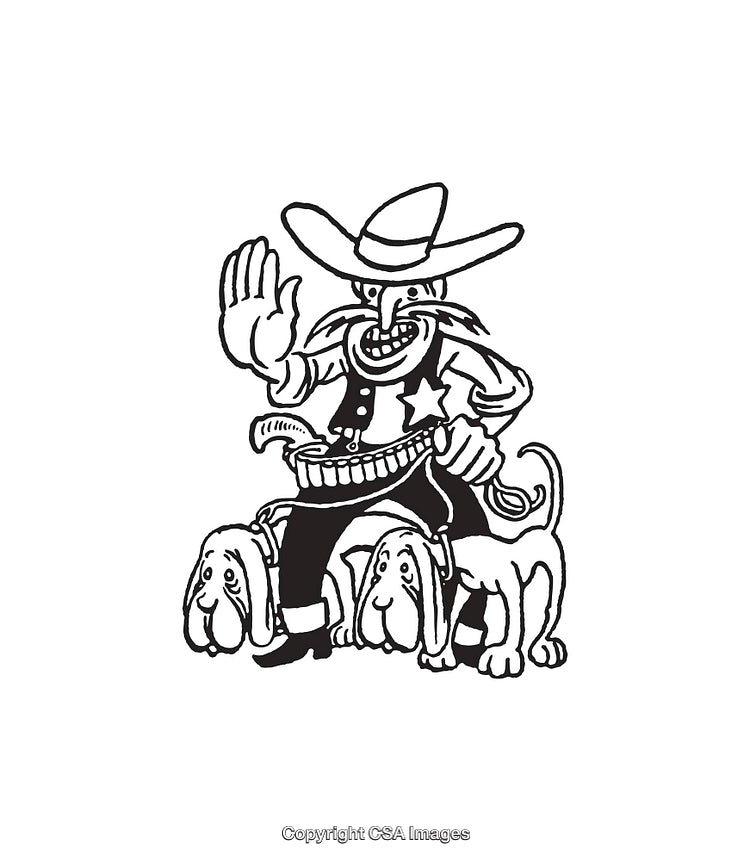 Cowboy Sheriff Illustration with Dogs in Black and White Line Art
