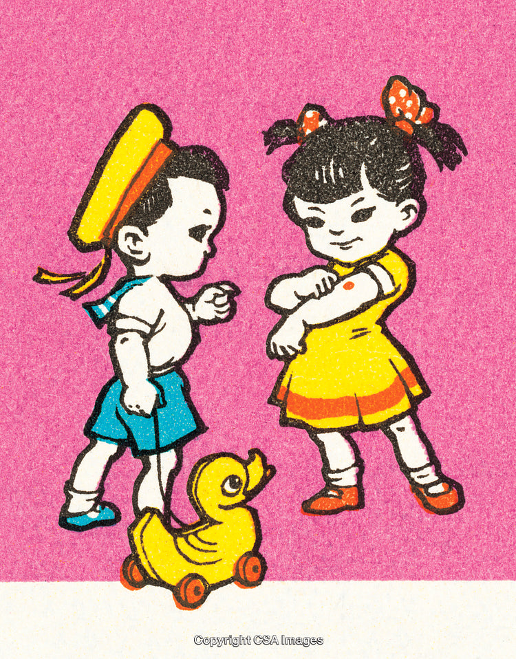 Vintage Illustration of Children Playing with Toy Duck on Pink Background