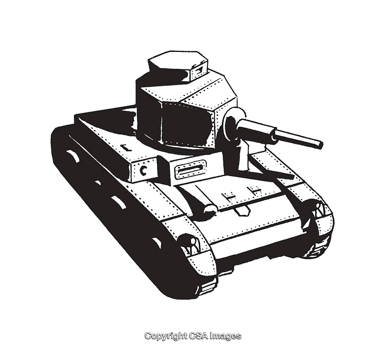 Black and White Line Illustration of a Vintage Armored Vehicle