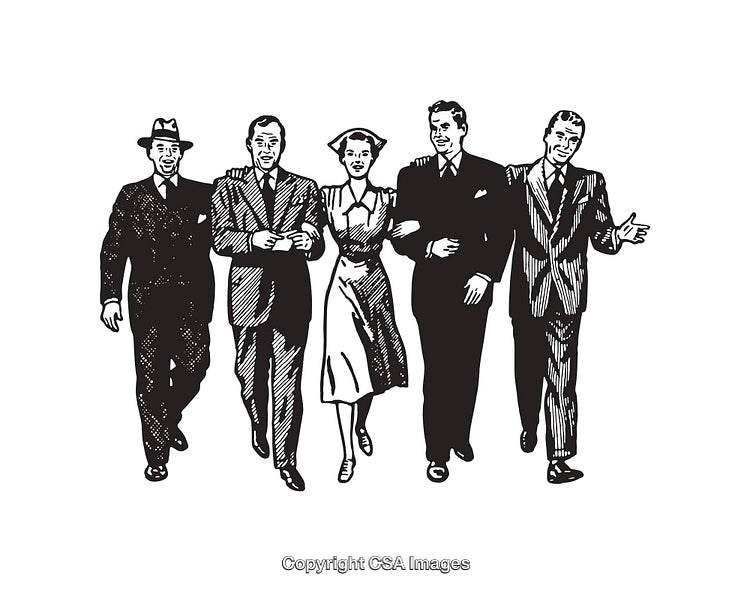 Retro Group of People Enjoying a Confident Walk in Black Line Art