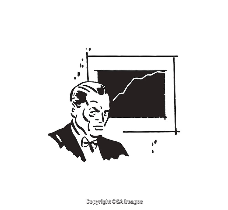 Retro Line Art Depicting Businessman with Graph Chart in Black and White