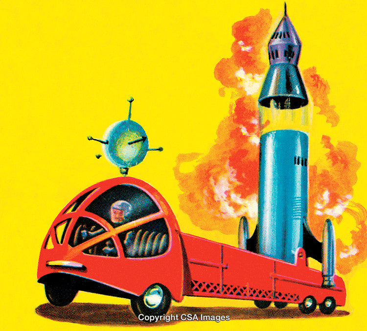 Retro Futuristic Vehicle and Rocket Launch Concept Art on Vibrant Yellow Background