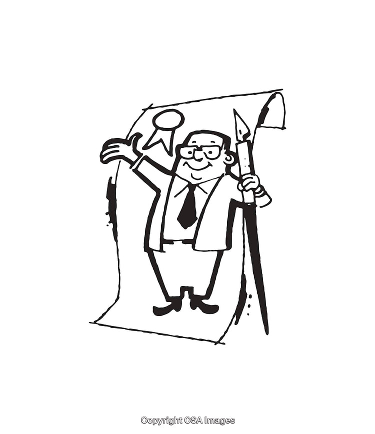 Illustration of a Happy Businessman Holding a Pen and Certificate Scroll