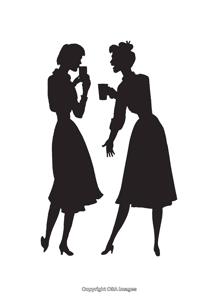 Classic Silhouette of Two Women Talking and Drinking Beverages in Black and White