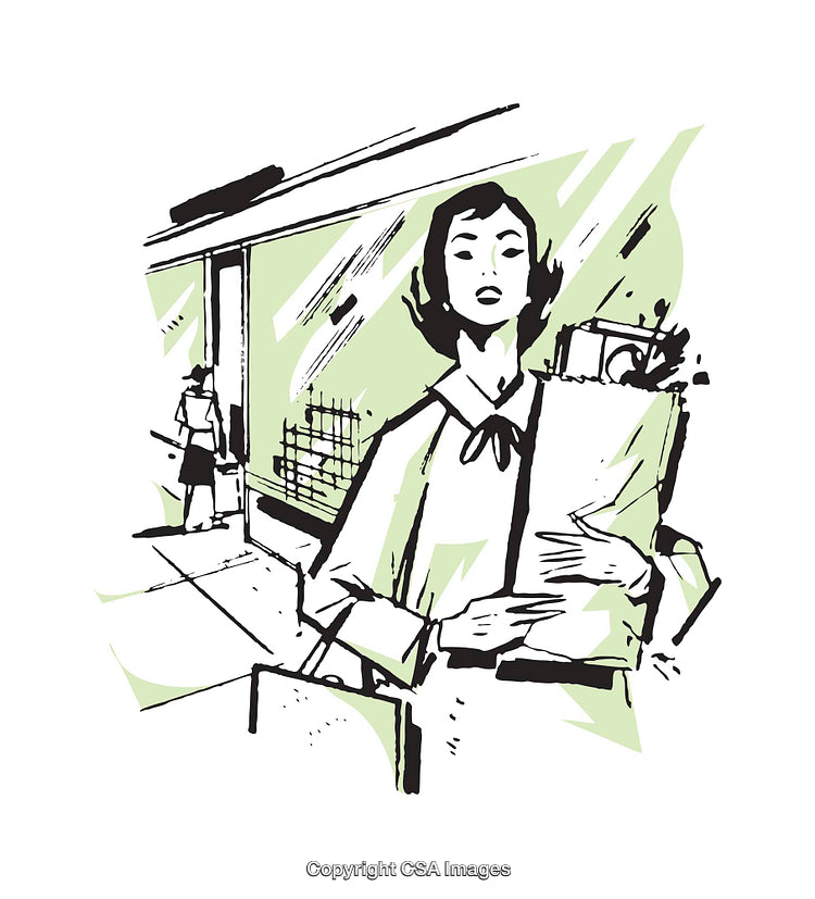 Retro Style Illustration of Woman Shopping with Bag of Groceries