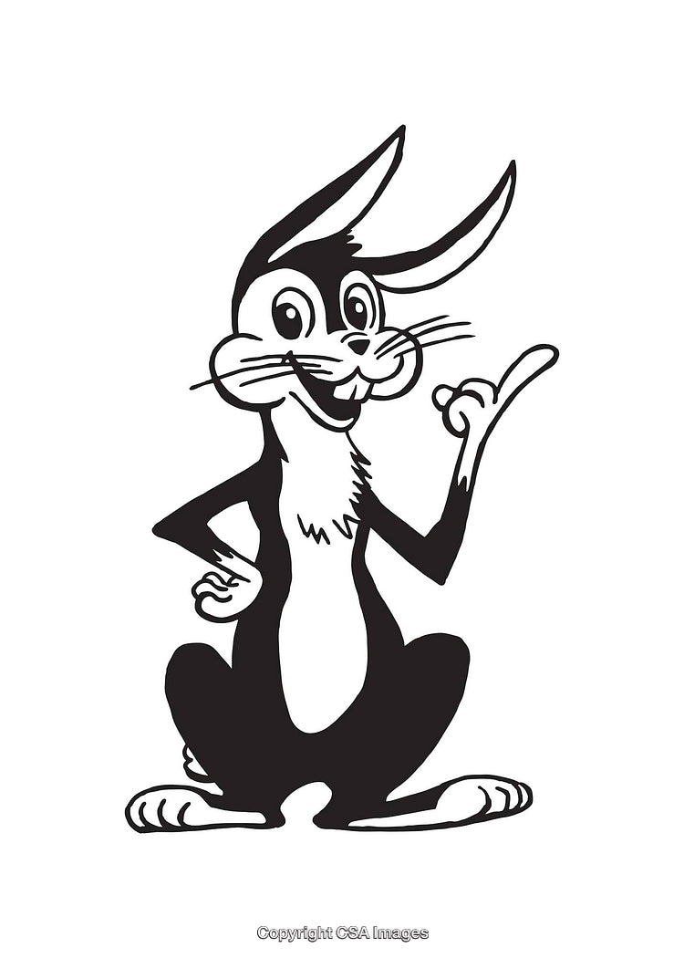 Playful Cartoon Rabbit in Black and White Line Art Illustration