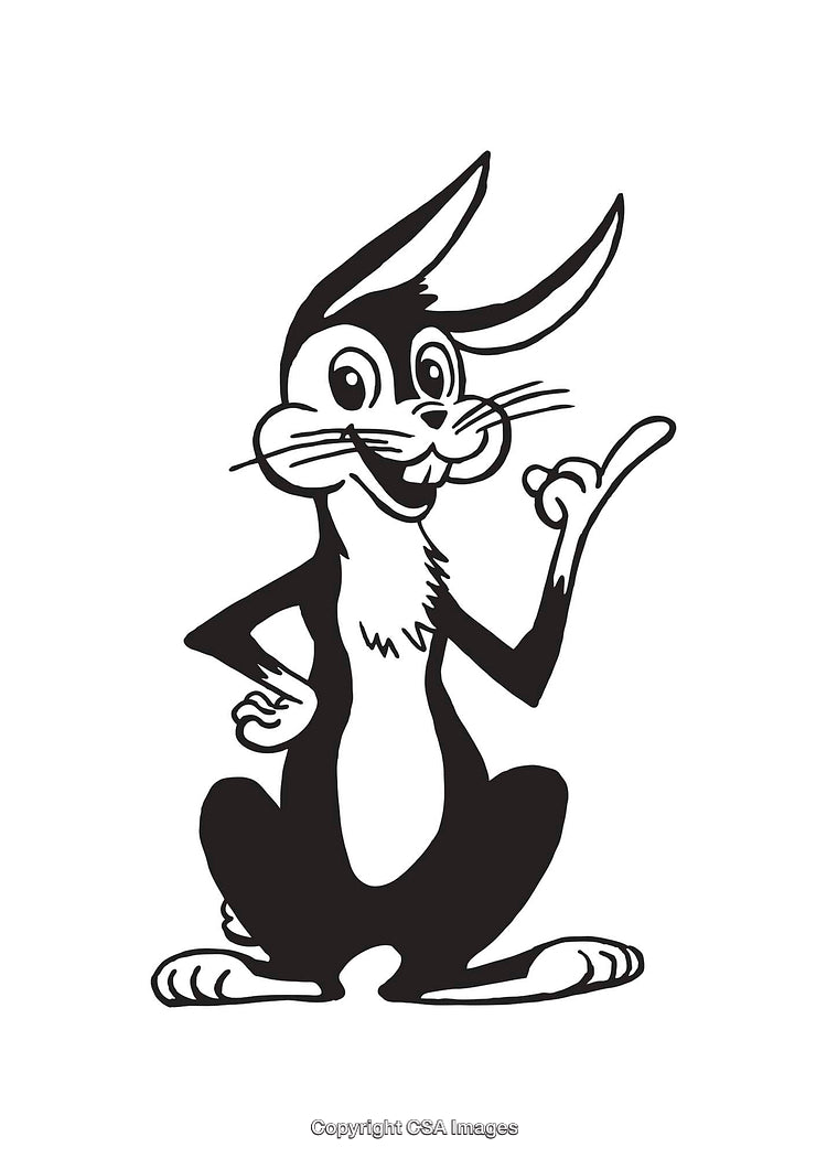 Playful Cartoon Rabbit in Black and White Line Art Illustration
