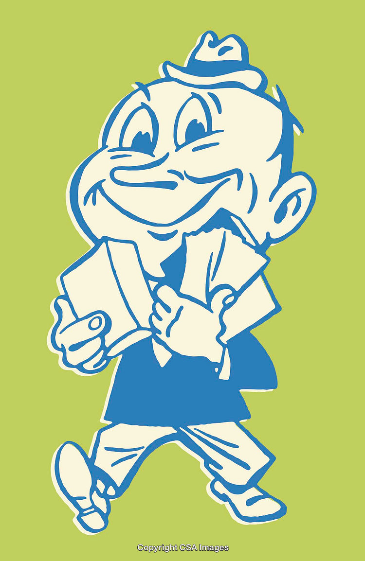 Cartoon Illustration of Happy Character Reading a Newspaper in Blue and Green