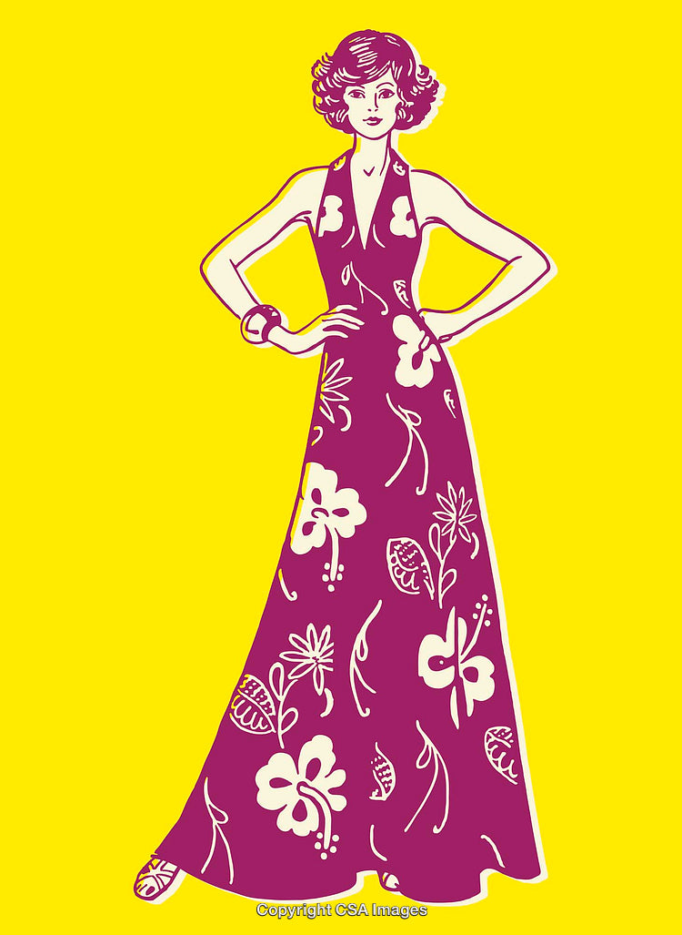 Stylish Woman in Floral Halter Dress on Vibrant Yellow Background