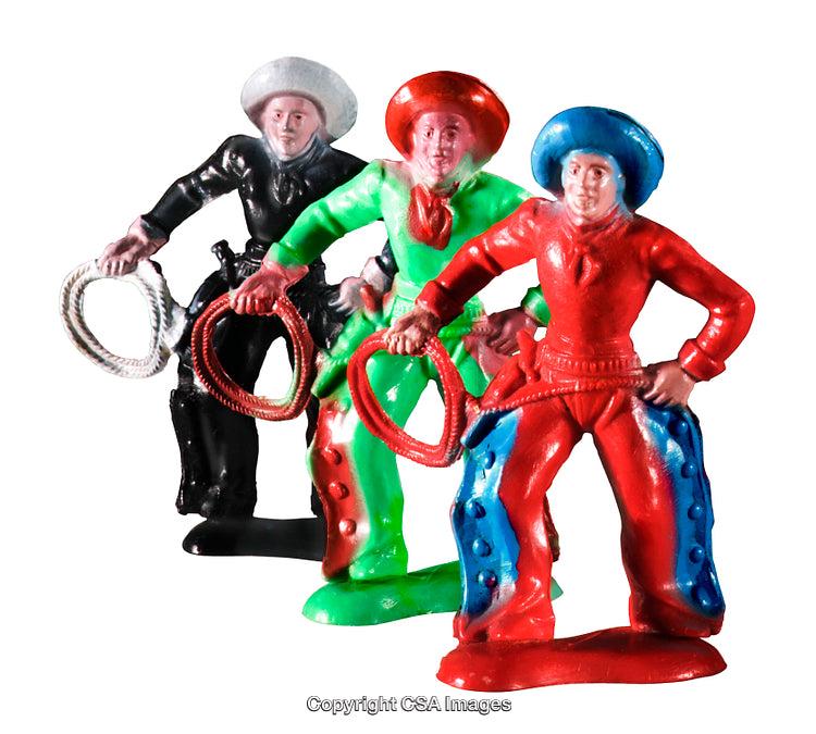 Three Colorful Cowboy Toy Figures with Lasso on White Background