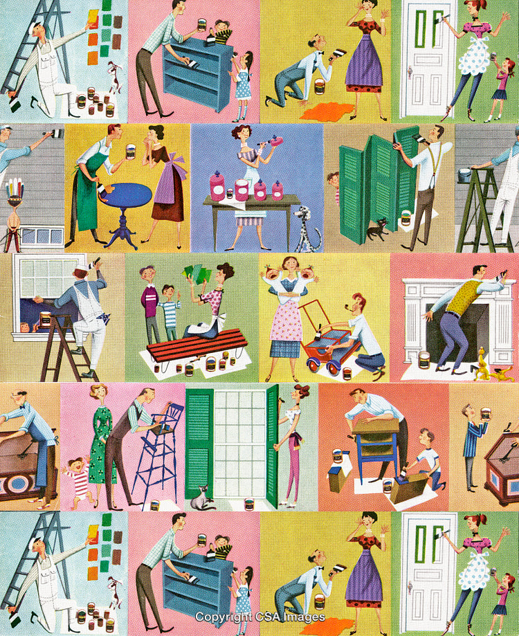Retro Illustration of Household Activities and Family Collaboration
