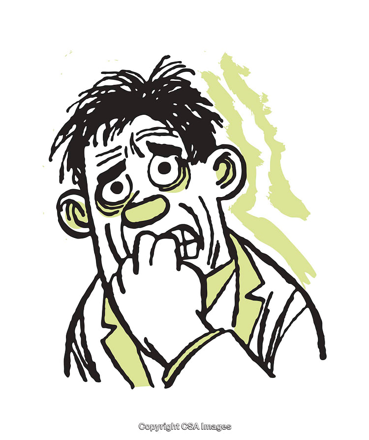 Color Illustration of an Anxious Man Biting Nails Depicting Worry and Stress