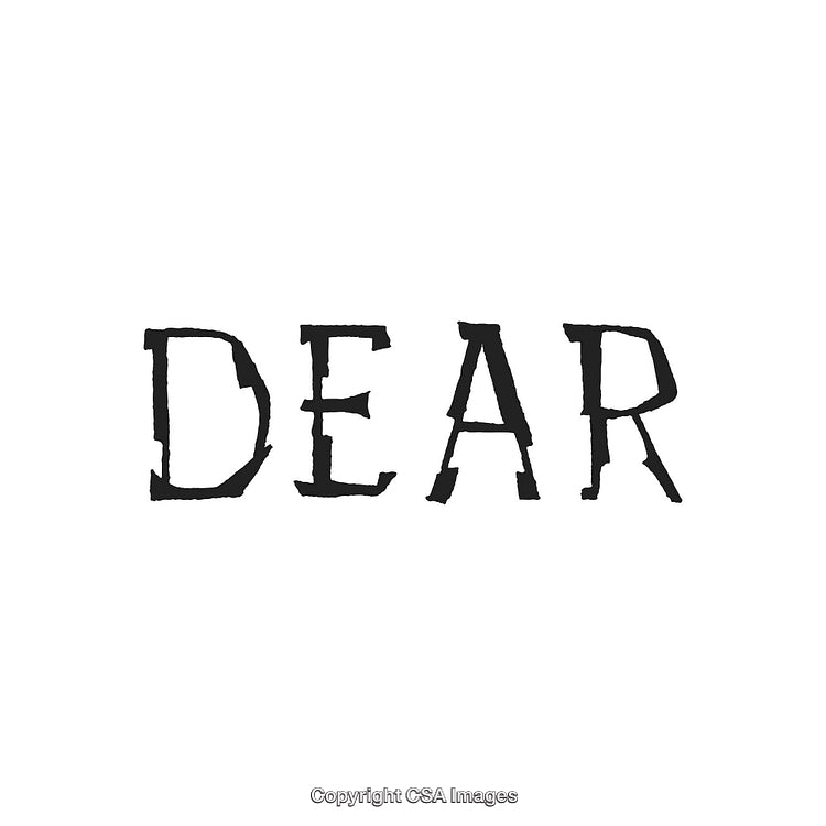 Vintage Styled Word 'Dear' in Rustic Handwritten Black Letters on White Background