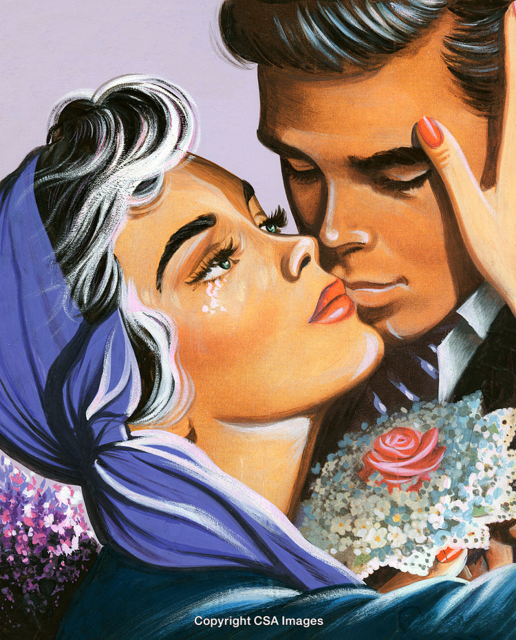 Romantic Couple in Emotional Embrace with Flowers and Tearful Expressions