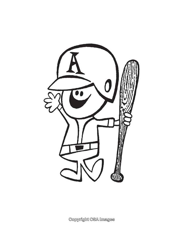Cheerful Baseball Player Cartoon Holding Bat and Waving in Line Art Style
